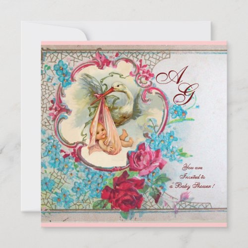 STORK BABY GIRL SHOWER PINK BLUE FLORAL MONOGRAM INVITATION