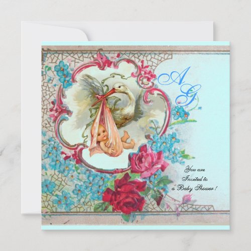 STORK BABY GIRL SHOWER PINK BLUE FLORAL MONOGRAM INVITATION