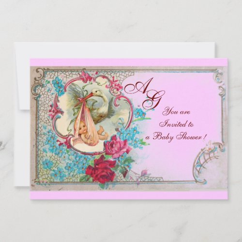 STORK BABY GIRL SHOWER PINK BLUE FLORAL MONOGRAM INVITATION