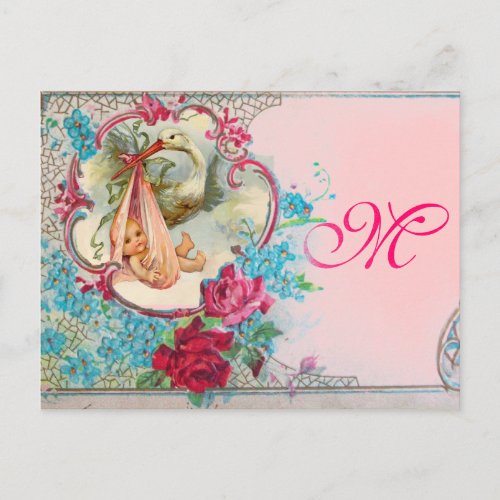 STORK BABY GIRL SHOWER PINK BLUE FLORAL MONOGRAM INVITATION POSTCARD