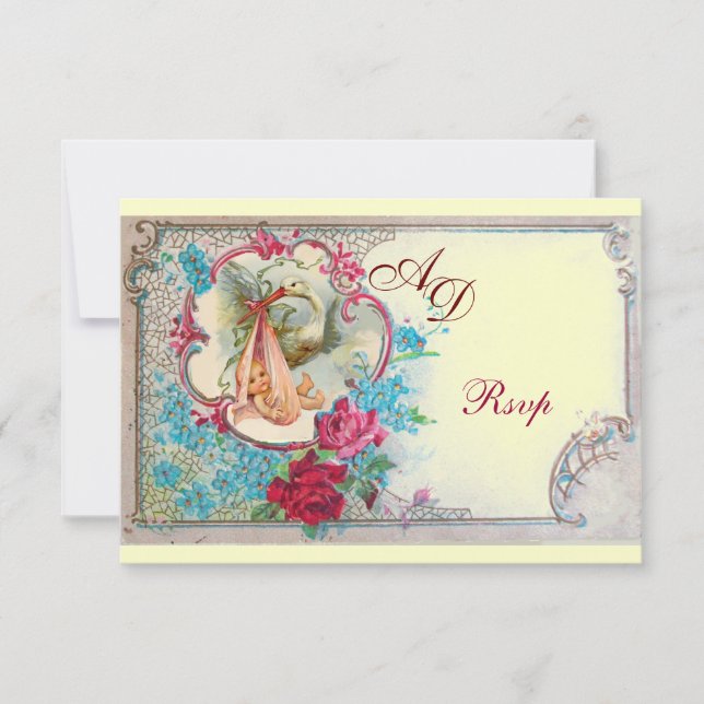STORK BABY GIRL SHOWER PINK BLUE FLORAL MONOGRAM RSVP CARD (Front)