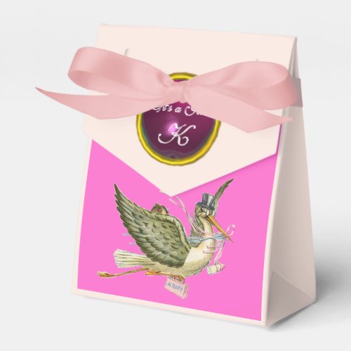 STORK BABY GIRL SHOWER PINK FUCHSIA GEM MONOGRAM FAVOR BOXES