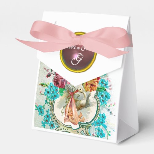 STORK BABY GIRL SHOWER PINK GEM MONOGRAM White Favor Boxes