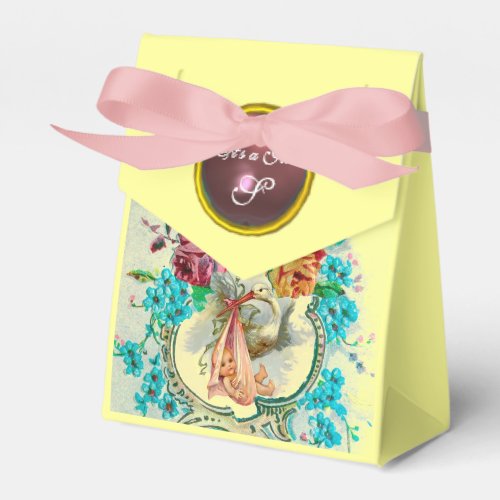 STORK BABY GIRL SHOWER PINK GEM MONOGRAM Yellow Favor Boxes