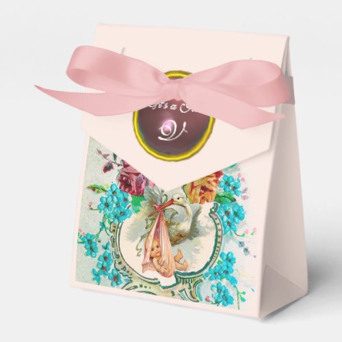 STORK BABY GIRL SHOWER PINK GEM STONE MONOGRAM FAVOR BOXES