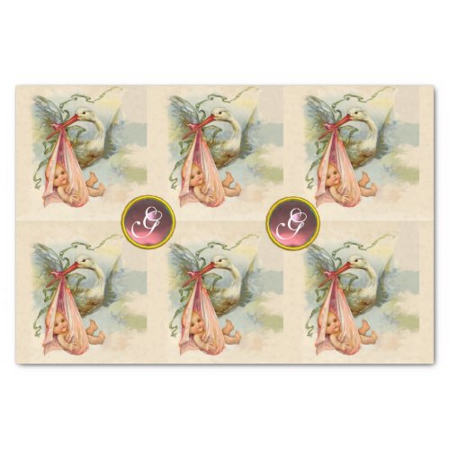 STORK BABY GIRL SHOWER PINK GEM STONE MONOGRAM TISSUE PAPER