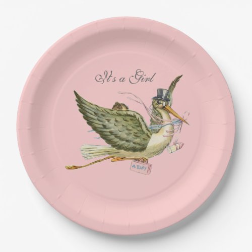 STORK BABY GIRL SHOWER Pink Paper Plates