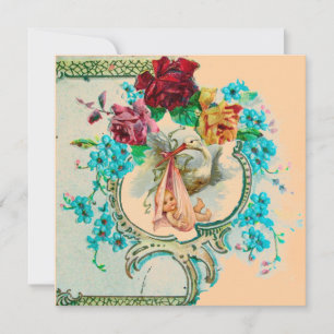STORK BABY GIRL SHOWER,PINK ROSES AND BLUE FLOWERS INVITATION
