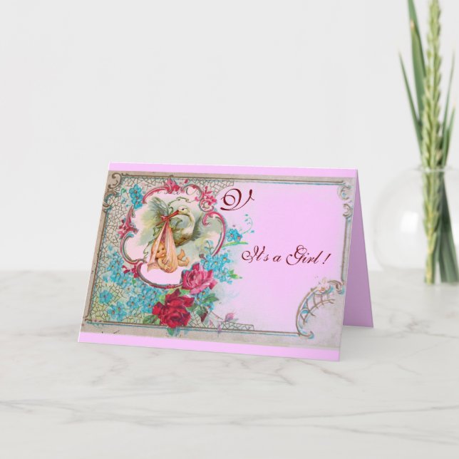 STORK BABY GIRL SHOWER PINK ROSES,FLOWERS MONOGRAM INVITATION (Front)