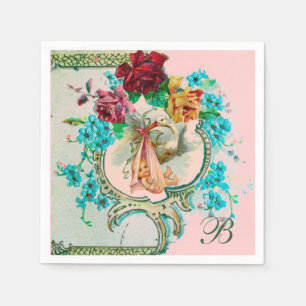 STORK BABY GIRL SHOWER,PINK ROSES,FLOWERS MONOGRAM NAPKINS