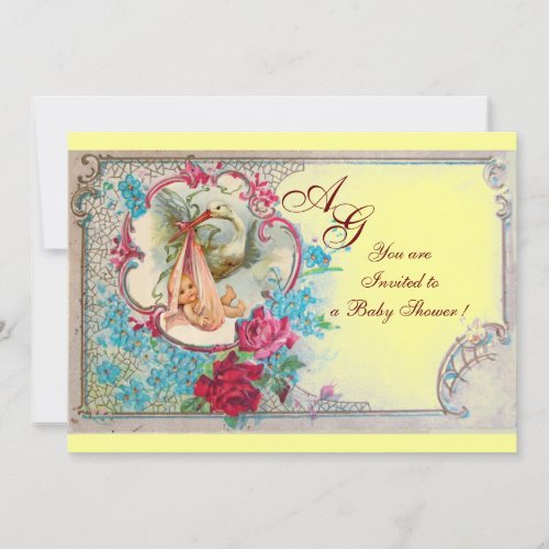 STORK BABY GIRL SHOWER PINK YELLOW FLORAL MONOGRAM INVITATION