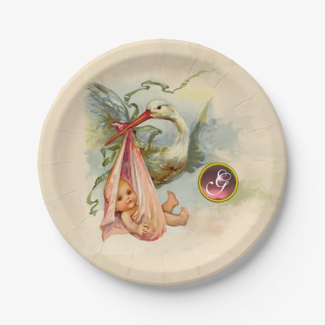 STORK BABY GIRL SHOWER PINKGEM STONE MONOGRAM PAPER PLATES (Front)