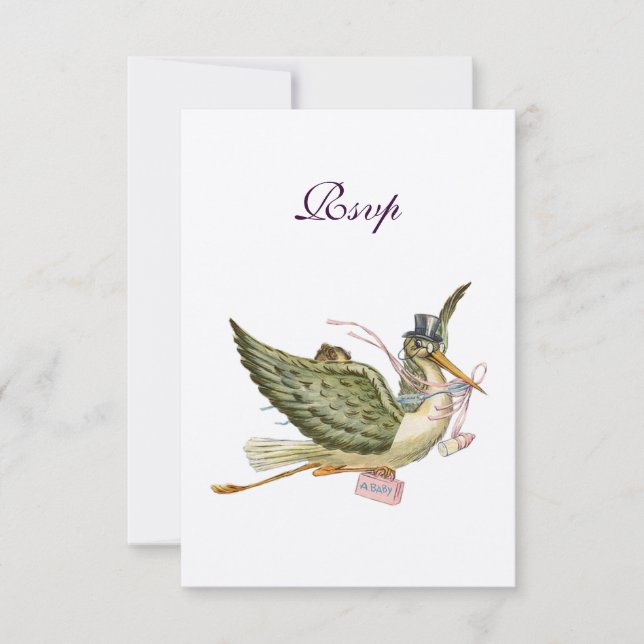 STORK BABY GIRL SHOWER ,RSVP, Gold Metallic RSVP Card (Front)