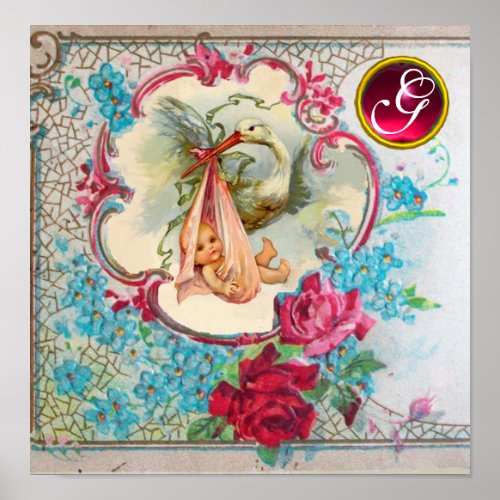 STORK BABY GIRL SHOWER Ruby Gem Stone Monogram Poster