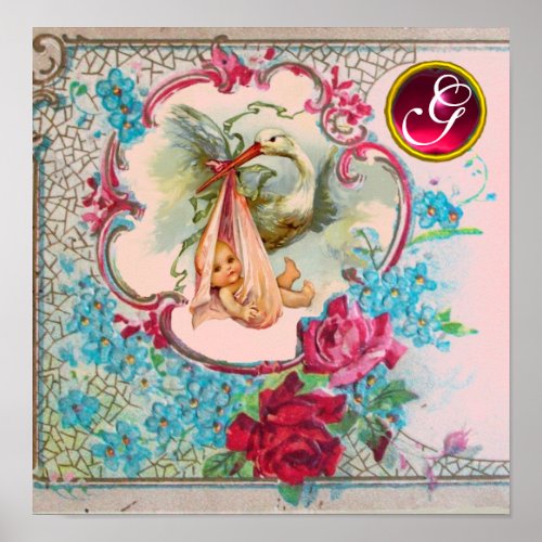 STORK BABY GIRL SHOWER Ruby Gem Stone Monogram Poster