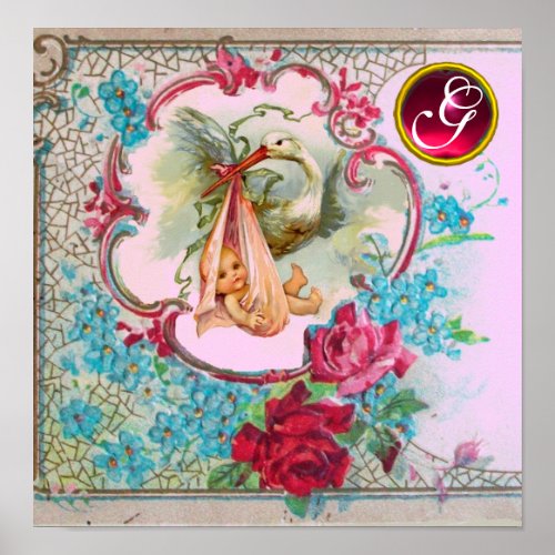 STORK BABY GIRL SHOWER Ruby Gem Stone Monogram Poster