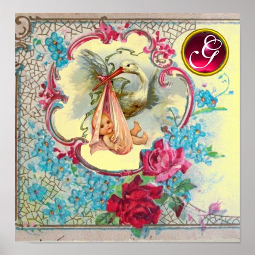 STORK BABY GIRL SHOWER Ruby Gem Stone Monogram Poster