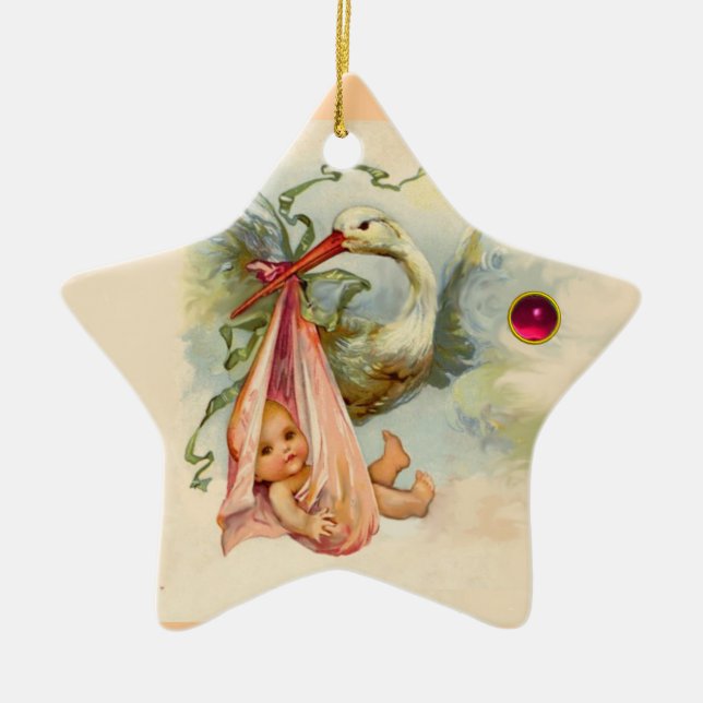 STORK BABY GIRL SHOWER STAR MONOGRAM RED RUBY CERAMIC ORNAMENT (Front)