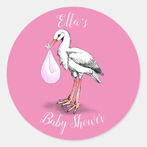 Stork Baby Girl Shower Sticker Label