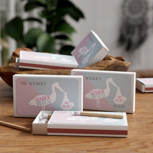 Stork Baby Pink or Blue Gender Reveal Matchboxes