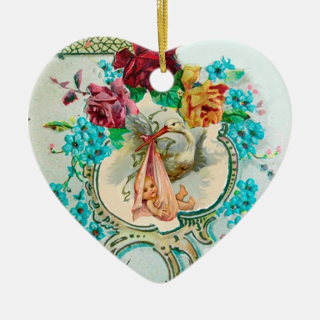 STORK BABY SHOWER 2 MONOGRAM  Red Ruby Ceramic Ornament (Front)