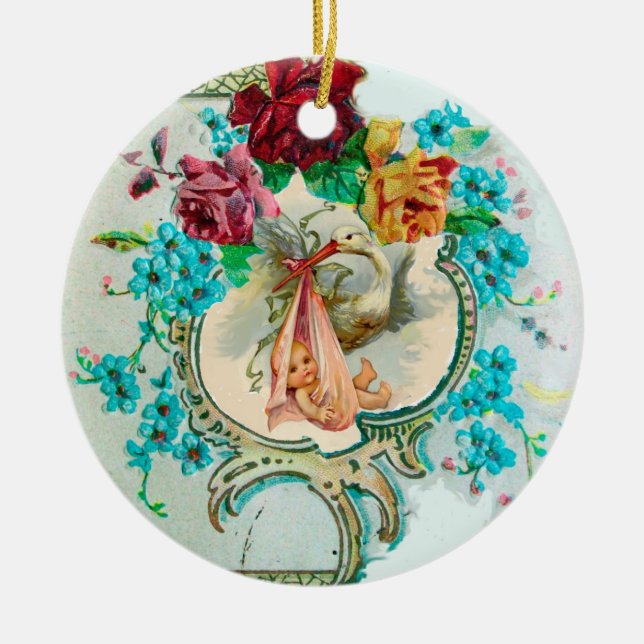 STORK BABY SHOWER 2 MONOGRAM  Red Ruby Ceramic Ornament (Front)