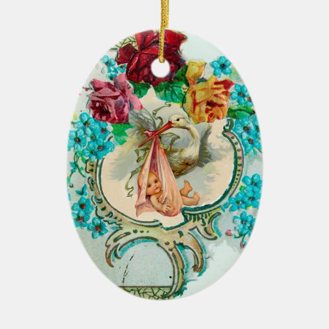 STORK BABY SHOWER 2 MONOGRAM  Red Ruby Ceramic Ornament (Front)