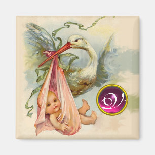 STORK BABY SHOWER 2 MONOGRAM ,ruby Magnet