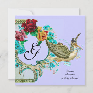 STORK BABY SHOWER 3 MONOGRAM white Invitation