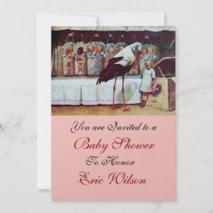 STORK BABY SHOWER 3, pink gold metallic Invitation