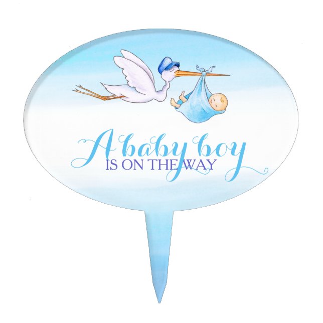 Stork baby shower baby boy blue cake topper (Front)