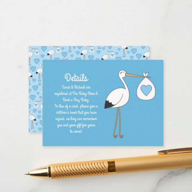 Stork Baby Shower Blue Boy Enclosure Card (Front/Back In Situ)