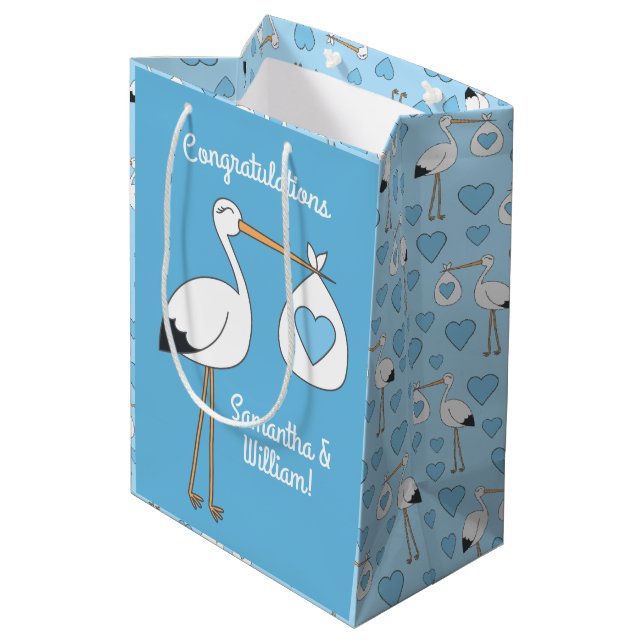Stork Baby Shower Blue Boy Medium Gift Bag (Back Angled)