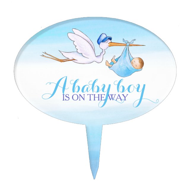 Stork baby shower boy brown hair blue cake topper (Front)