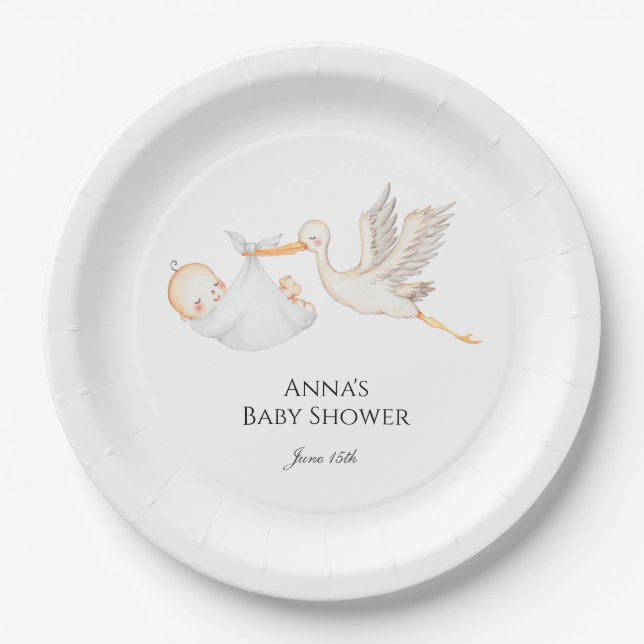 Stork Baby Shower Gender Neutral Paper Plates (Front)