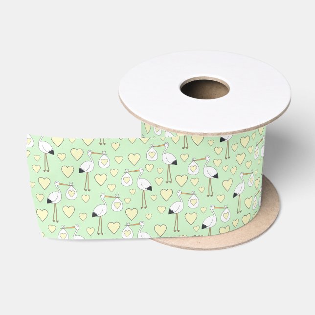 Stork Baby Shower Green Gender Neutral Satin Ribbon (Spool)