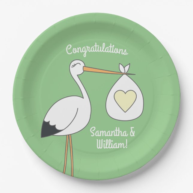 Stork Baby Shower Green Paper Plates (Front)
