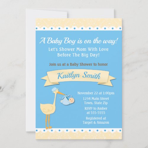 Stork Baby Shower Invitation Baby Boy