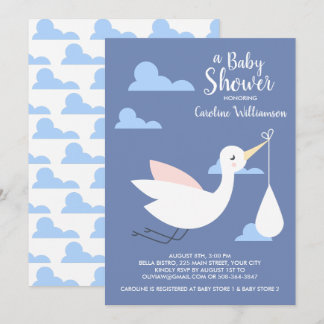 Stork Baby Shower Invitation Baby Bundle &amp; Clouds