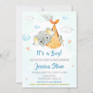 Stork baby shower invitation Boy baby elephant