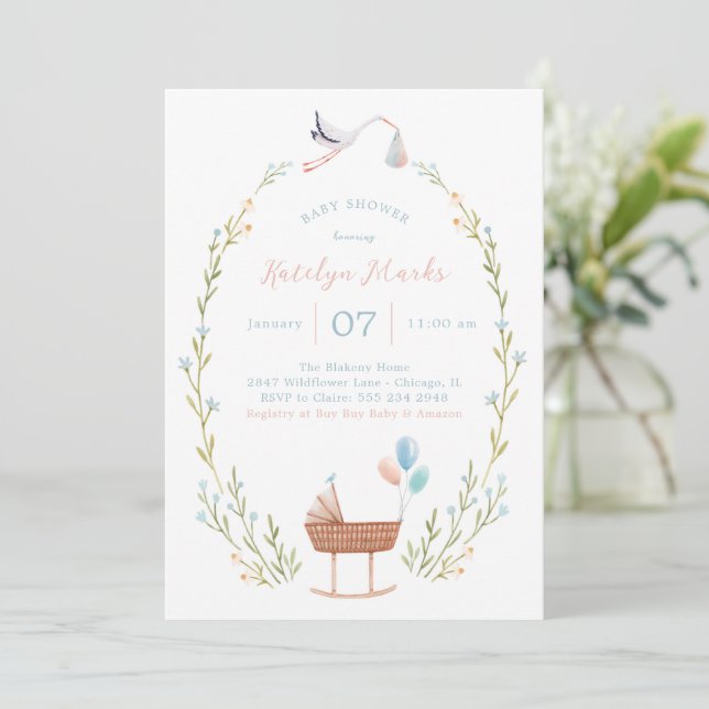 Stork Baby Shower Invitation Pink and Blue (Standing Front)