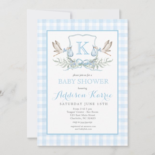 Stork Baby Shower Invitation, Stork Crest Invite (Front)