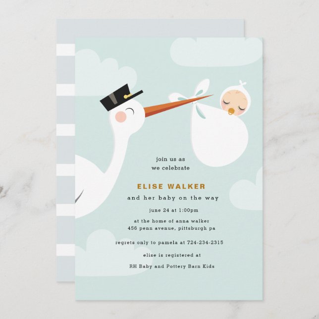 Stork Baby Shower Invitation with Clouds (Front/Back)