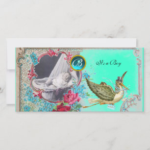 STORK BABY SHOWER MONOGRAM ,aquamarine,white Announcement