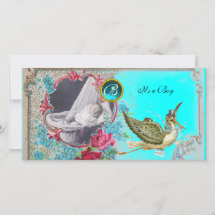 STORK BABY SHOWER MONOGRAM ,aquamarine,white Announcement