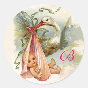 STORK BABY SHOWER MONOGRAM , CLASSIC ROUND STICKER