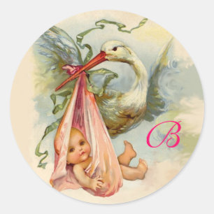 STORK BABY SHOWER MONOGRAM , CLASSIC ROUND STICKER