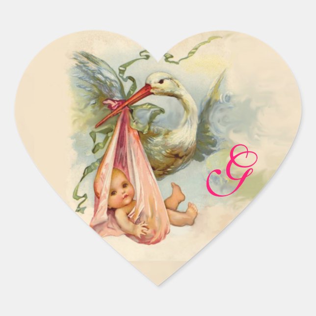 STORK BABY SHOWER  MONOGRAM , HEART STICKER (Front)