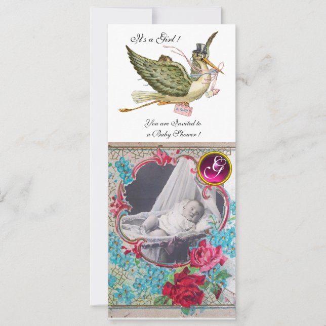 STORK BABY SHOWER MONOGRAM PHOTO TEMPLATE,white Invitation (Front)