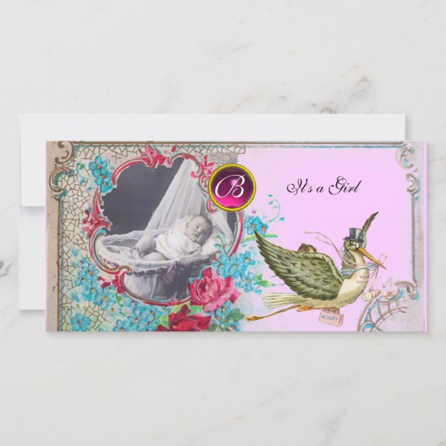 STORK BABY SHOWER MONOGRAM ,ruby Announcement (Front)